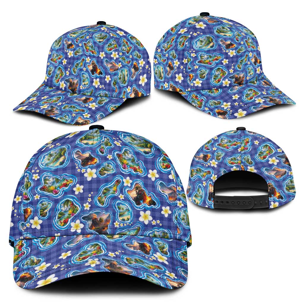 Hawaiian Island Shapes-Iconic Landscape Classic Cap with Plumeria and Palaka Blue Color LT03 - Polynesian Pride