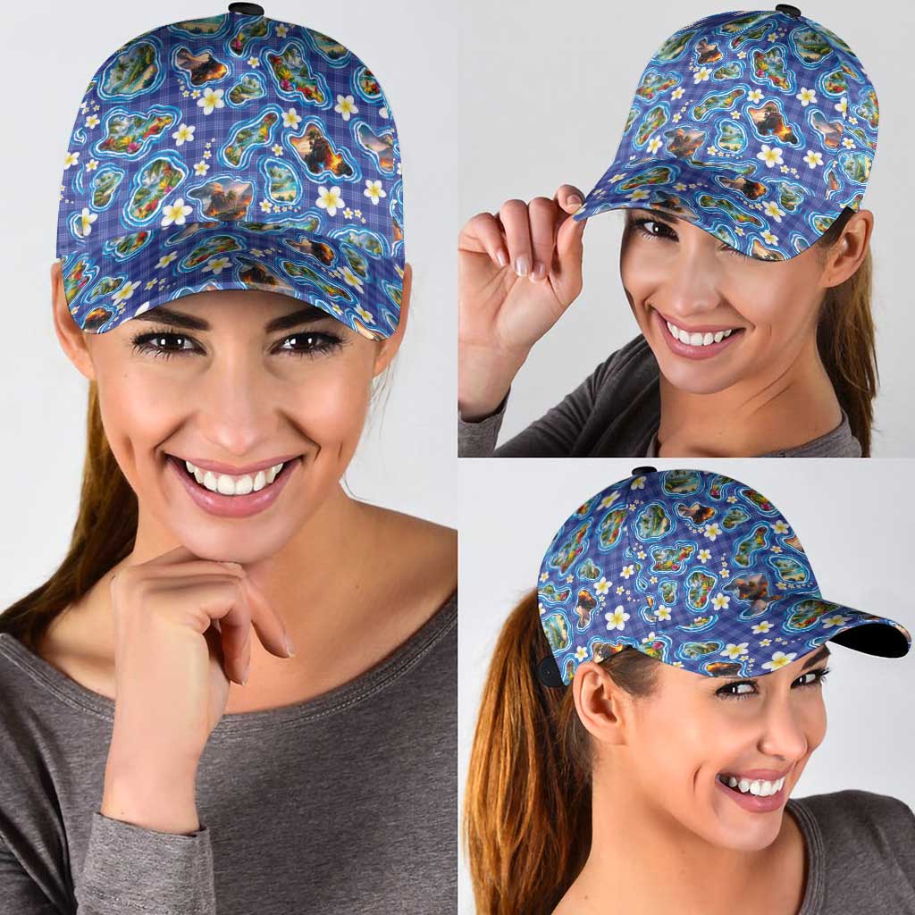Hawaiian Island Shapes-Iconic Landscape Classic Cap with Plumeria and Palaka Blue Color LT03 - Polynesian Pride