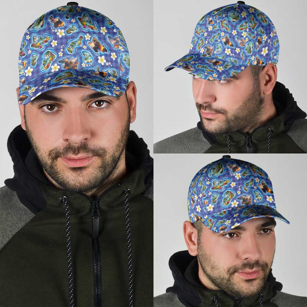 Hawaiian Island Shapes-Iconic Landscape Classic Cap with Plumeria and Palaka Blue Color LT03 - Polynesian Pride