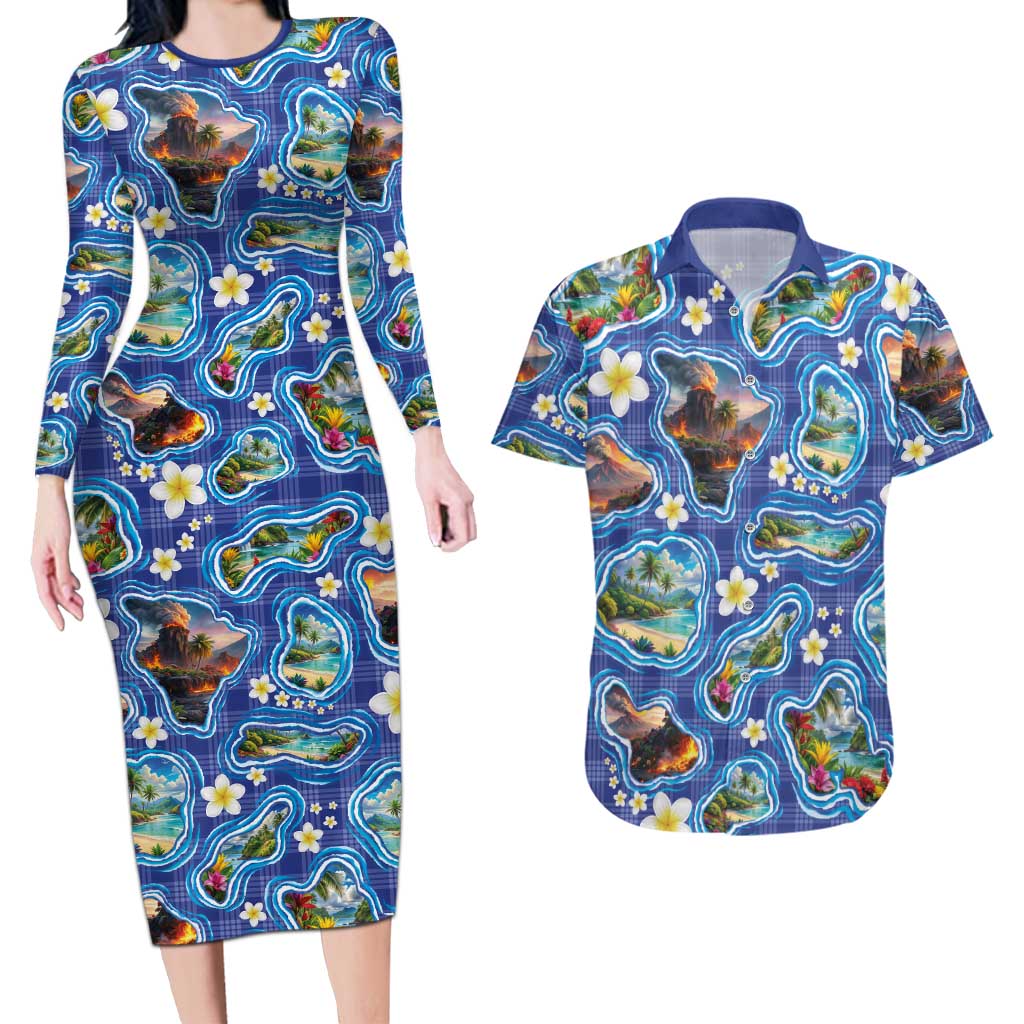 Hawaiian Island Shapes-Iconic Landscape Couples Matching Long Sleeve Bodycon Dress and Hawaiian Shirt with Plumeria and Palaka Blue Color