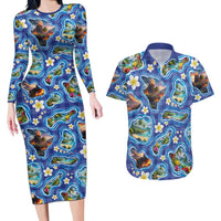 Hawaiian Island Shapes-Iconic Landscape Couples Matching Long Sleeve Bodycon Dress and Hawaiian Shirt with Plumeria and Palaka Blue Color