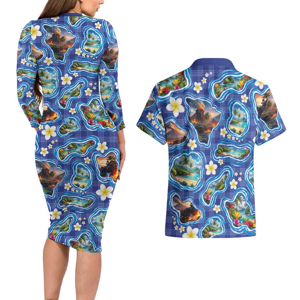 Hawaiian Island Shapes-Iconic Landscape Couples Matching Long Sleeve Bodycon Dress and Hawaiian Shirt with Plumeria and Palaka Blue Color