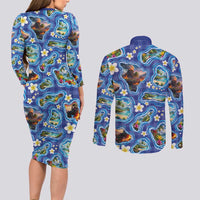 Hawaiian Island Shapes-Iconic Landscape Couples Matching Long Sleeve Bodycon Dress and Long Sleeve Button Shirt with Plumeria and Palaka Blue Color