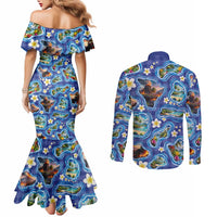 Hawaiian Island Shapes-Iconic Landscape Couples Matching Mermaid Dress and Long Sleeve Button Shirt with Plumeria and Palaka Blue Color