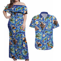 Hawaiian Island Shapes-Iconic Landscape Couples Matching Off Shoulder Maxi Dress and Hawaiian Shirt with Plumeria and Palaka Blue Color