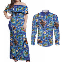 Hawaiian Island Shapes-Iconic Landscape Couples Matching Off Shoulder Maxi Dress and Long Sleeve Button Shirt with Plumeria and Palaka Blue Color