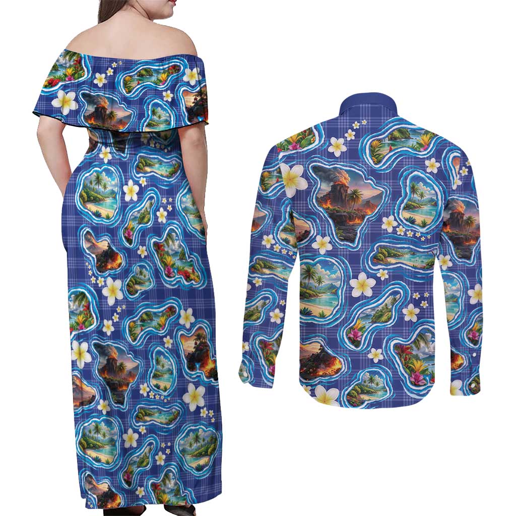 Hawaiian Island Shapes-Iconic Landscape Couples Matching Off Shoulder Maxi Dress and Long Sleeve Button Shirt with Plumeria and Palaka Blue Color