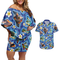 Hawaiian Island Shapes-Iconic Landscape Couples Matching Off Shoulder Short Dress and Hawaiian Shirt with Plumeria and Palaka Blue Color