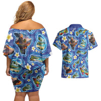 Hawaiian Island Shapes-Iconic Landscape Couples Matching Off Shoulder Short Dress and Hawaiian Shirt with Plumeria and Palaka Blue Color