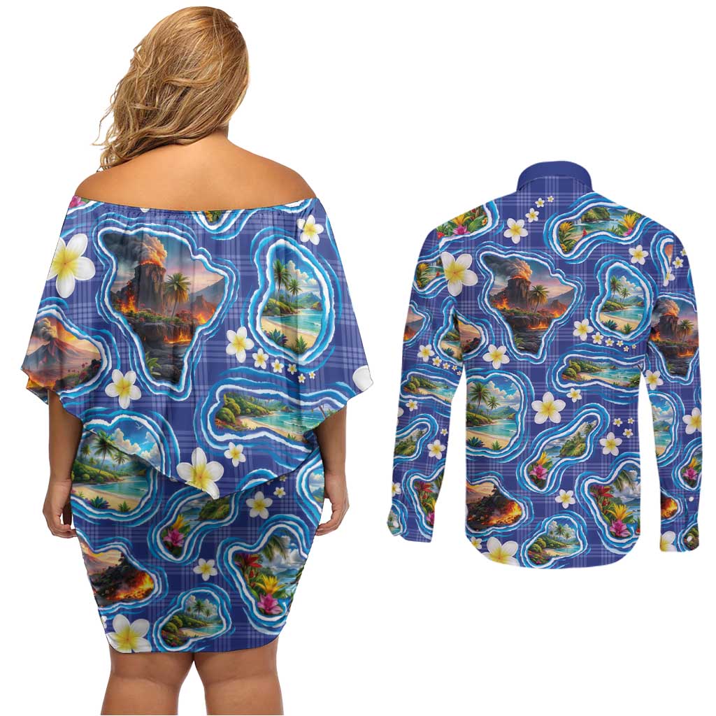 Hawaiian Island Shapes-Iconic Landscape Couples Matching Off Shoulder Short Dress and Long Sleeve Button Shirt with Plumeria and Palaka Blue Color