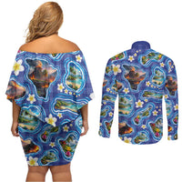 Hawaiian Island Shapes-Iconic Landscape Couples Matching Off Shoulder Short Dress and Long Sleeve Button Shirt with Plumeria and Palaka Blue Color