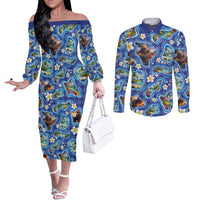 Hawaiian Island Shapes-Iconic Landscape Couples Matching Off The Shoulder Long Sleeve Dress and Long Sleeve Button Shirt with Plumeria and Palaka Blue Color