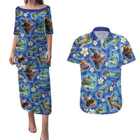 Hawaiian Island Shapes-Iconic Landscape Couples Matching Puletasi and Hawaiian Shirt with Plumeria and Palaka Blue Color