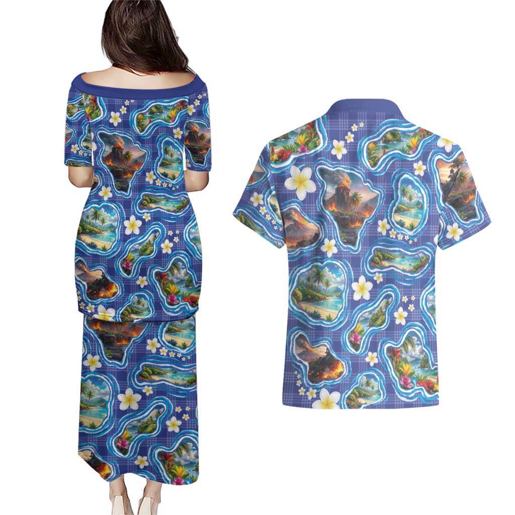 Hawaiian Island Shapes-Iconic Landscape Couples Matching Puletasi and Hawaiian Shirt with Plumeria and Palaka Blue Color