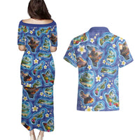 Hawaiian Island Shapes-Iconic Landscape Couples Matching Puletasi and Hawaiian Shirt with Plumeria and Palaka Blue Color