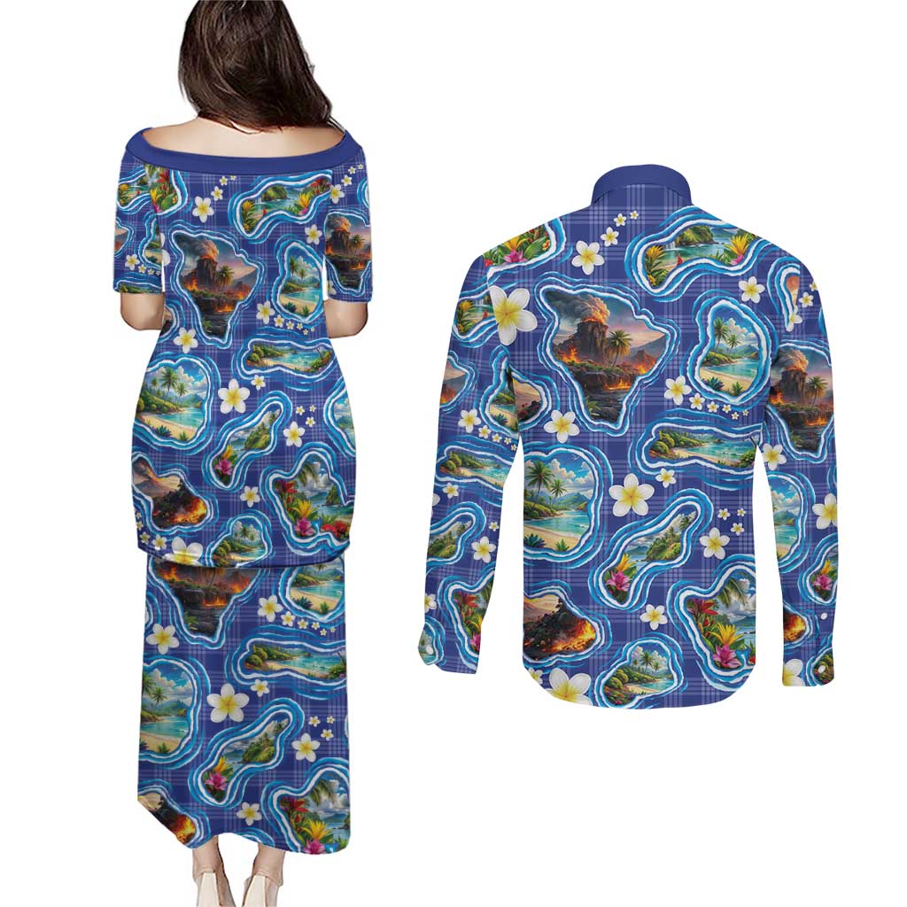 Hawaiian Island Shapes-Iconic Landscape Couples Matching Puletasi and Long Sleeve Button Shirt with Plumeria and Palaka Blue Color