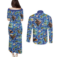 Hawaiian Island Shapes-Iconic Landscape Couples Matching Puletasi and Long Sleeve Button Shirt with Plumeria and Palaka Blue Color