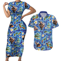 Hawaiian Island Shapes-Iconic Landscape Couples Matching Short Sleeve Bodycon Dress and Hawaiian Shirt with Plumeria and Palaka Blue Color