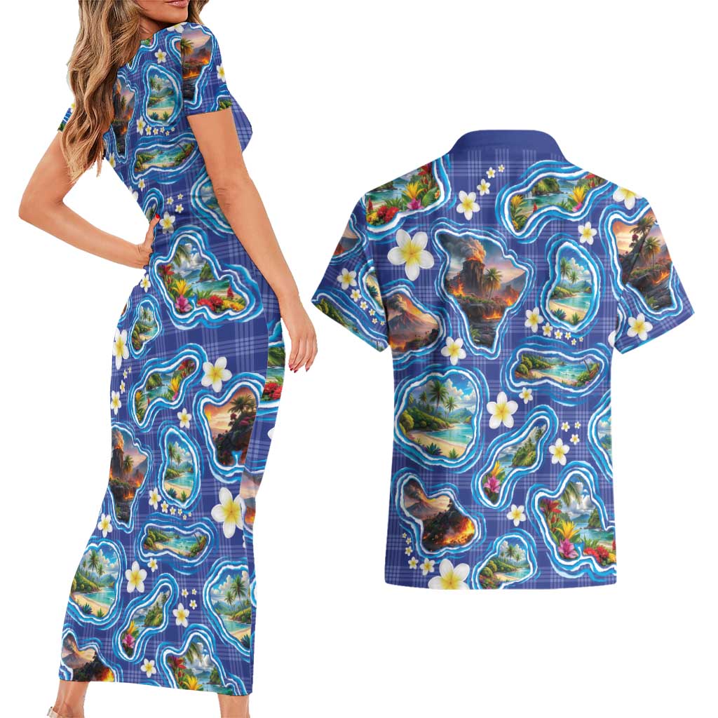Hawaiian Island Shapes-Iconic Landscape Couples Matching Short Sleeve Bodycon Dress and Hawaiian Shirt with Plumeria and Palaka Blue Color