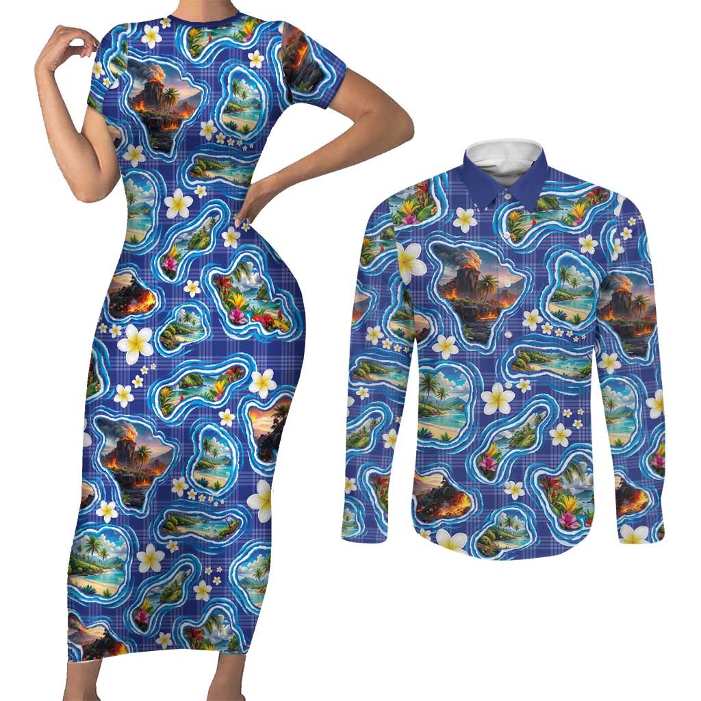 Hawaiian Island Shapes-Iconic Landscape Couples Matching Short Sleeve Bodycon Dress and Long Sleeve Button Shirt with Plumeria and Palaka Blue Color