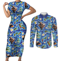 Hawaiian Island Shapes-Iconic Landscape Couples Matching Short Sleeve Bodycon Dress and Long Sleeve Button Shirt with Plumeria and Palaka Blue Color