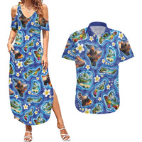 Hawaiian Island Shapes-Iconic Landscape Couples Matching Summer Maxi Dress and Hawaiian Shirt with Plumeria and Palaka Blue Color