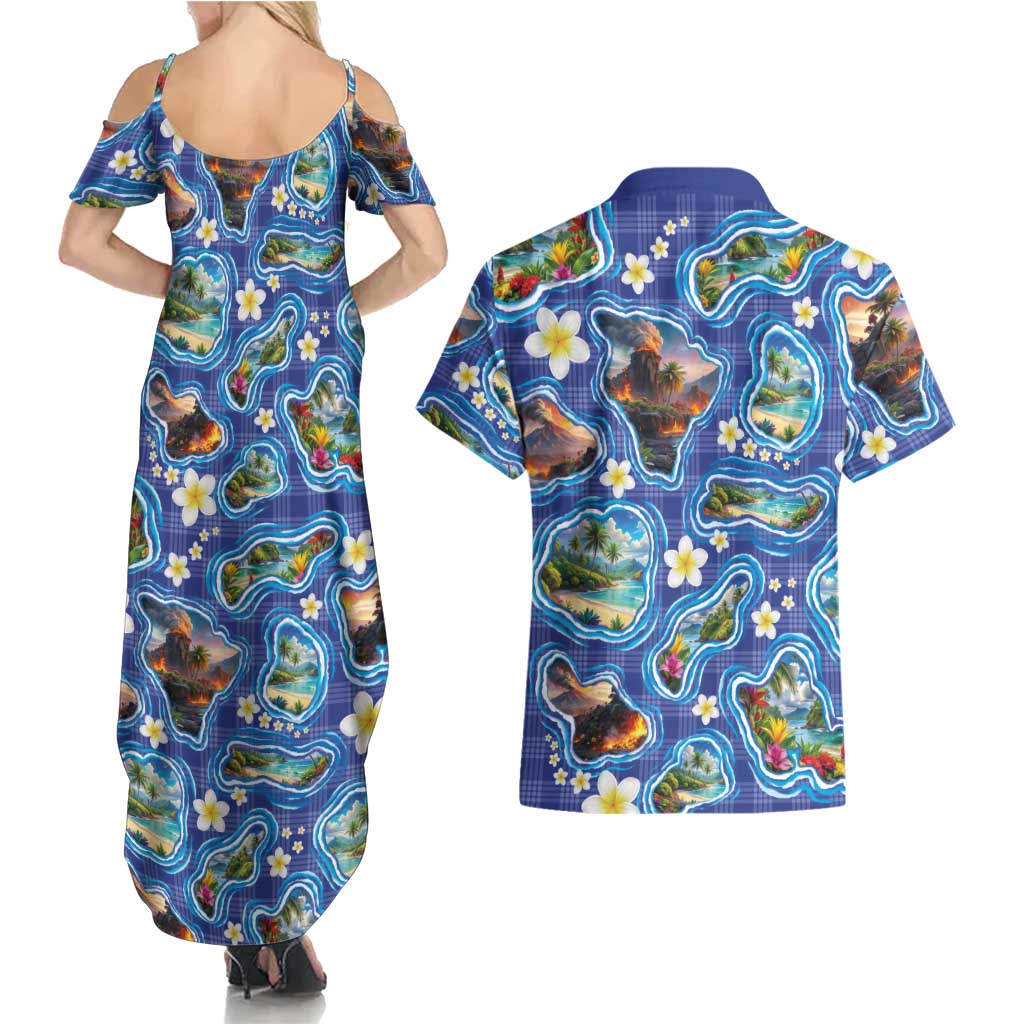 Hawaiian Island Shapes-Iconic Landscape Couples Matching Summer Maxi Dress and Hawaiian Shirt with Plumeria and Palaka Blue Color