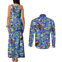 Hawaiian Island Shapes-Iconic Landscape Couples Matching Tank Maxi Dress and Long Sleeve Button Shirt with Plumeria and Palaka Blue Color