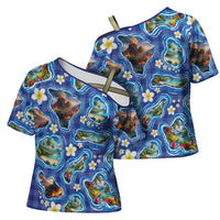 Hawaiian Island Shapes-Iconic Landscape Cross Shoulder Shirt with Plumeria and Palaka Blue Color