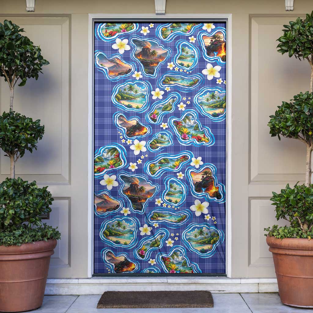 Hawaiian Island Shapes-Iconic Landscape Door Cover with Plumeria and Palaka Blue Color