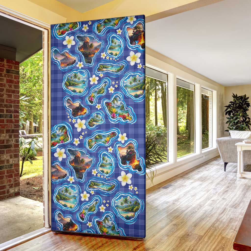 Hawaiian Island Shapes-Iconic Landscape Door Cover with Plumeria and Palaka Blue Color