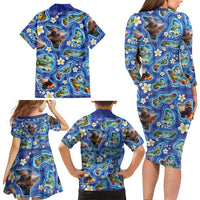 Hawaiian Island Shapes-Iconic Landscape Family Matching Long Sleeve Bodycon Dress and Hawaiian Shirt with Plumeria and Palaka Blue Color