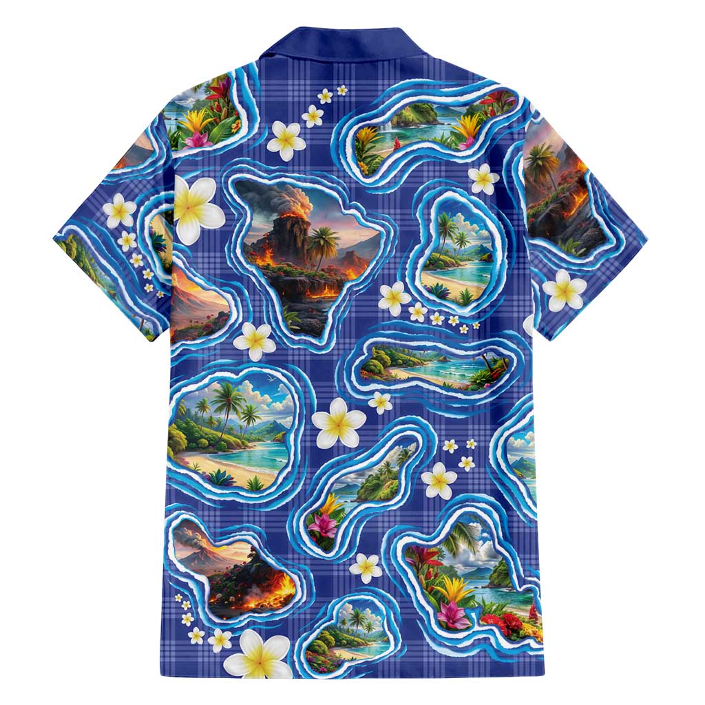 Hawaiian Island Shapes-Iconic Landscape Family Matching Long Sleeve Bodycon Dress and Hawaiian Shirt with Plumeria and Palaka Blue Color
