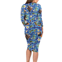 Hawaiian Island Shapes-Iconic Landscape Family Matching Long Sleeve Bodycon Dress and Hawaiian Shirt with Plumeria and Palaka Blue Color