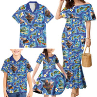 Hawaiian Island Shapes-Iconic Landscape Family Matching Mermaid Dress and Hawaiian Shirt with Plumeria and Palaka Blue Color