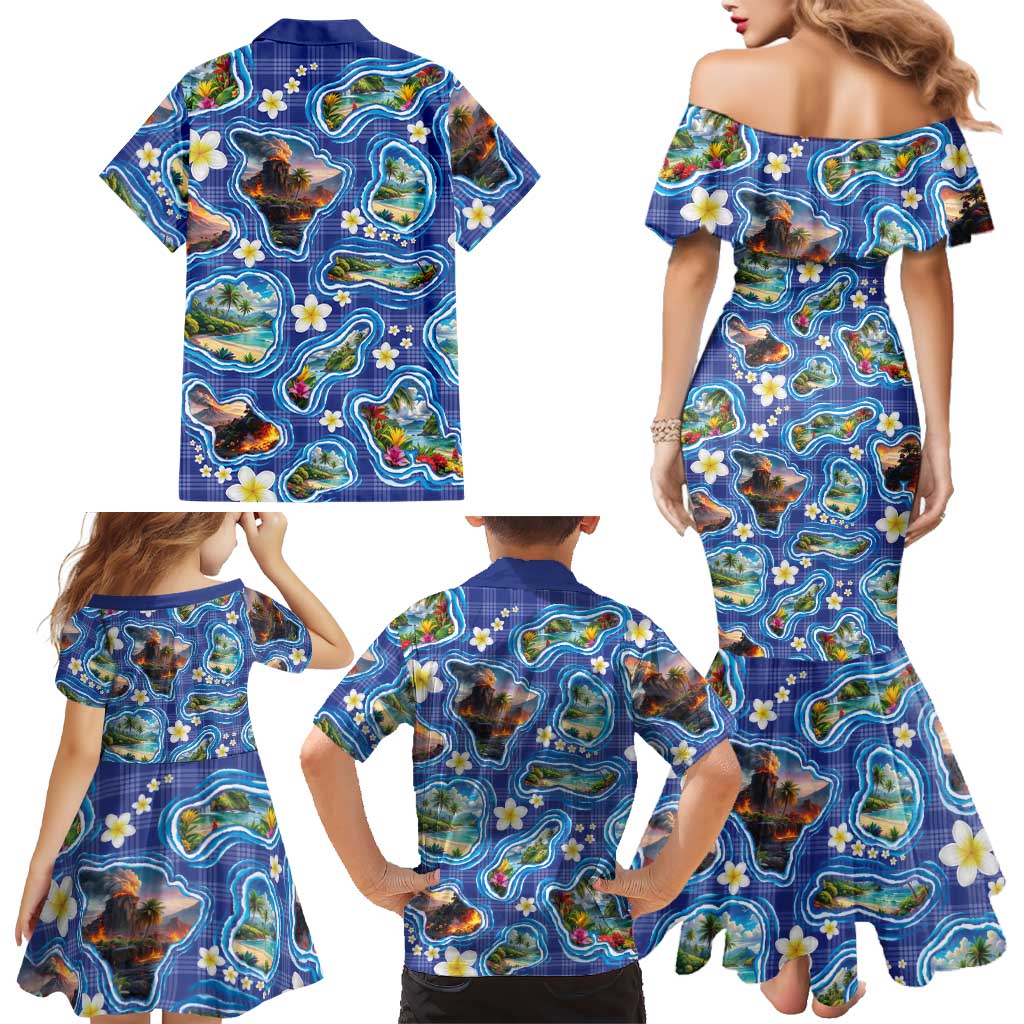 Hawaiian Island Shapes-Iconic Landscape Family Matching Mermaid Dress and Hawaiian Shirt with Plumeria and Palaka Blue Color