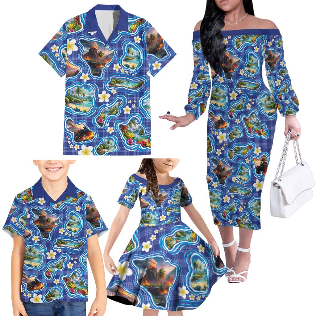 Hawaiian Island Shapes-Iconic Landscape Family Matching Off The Shoulder Long Sleeve Dress and Hawaiian Shirt with Plumeria and Palaka Blue Color