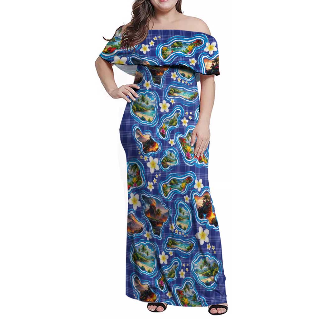 Hawaiian Island Shapes-Iconic Landscape Family Matching Off Shoulder Maxi Dress and Hawaiian Shirt with Plumeria and Palaka Blue Color