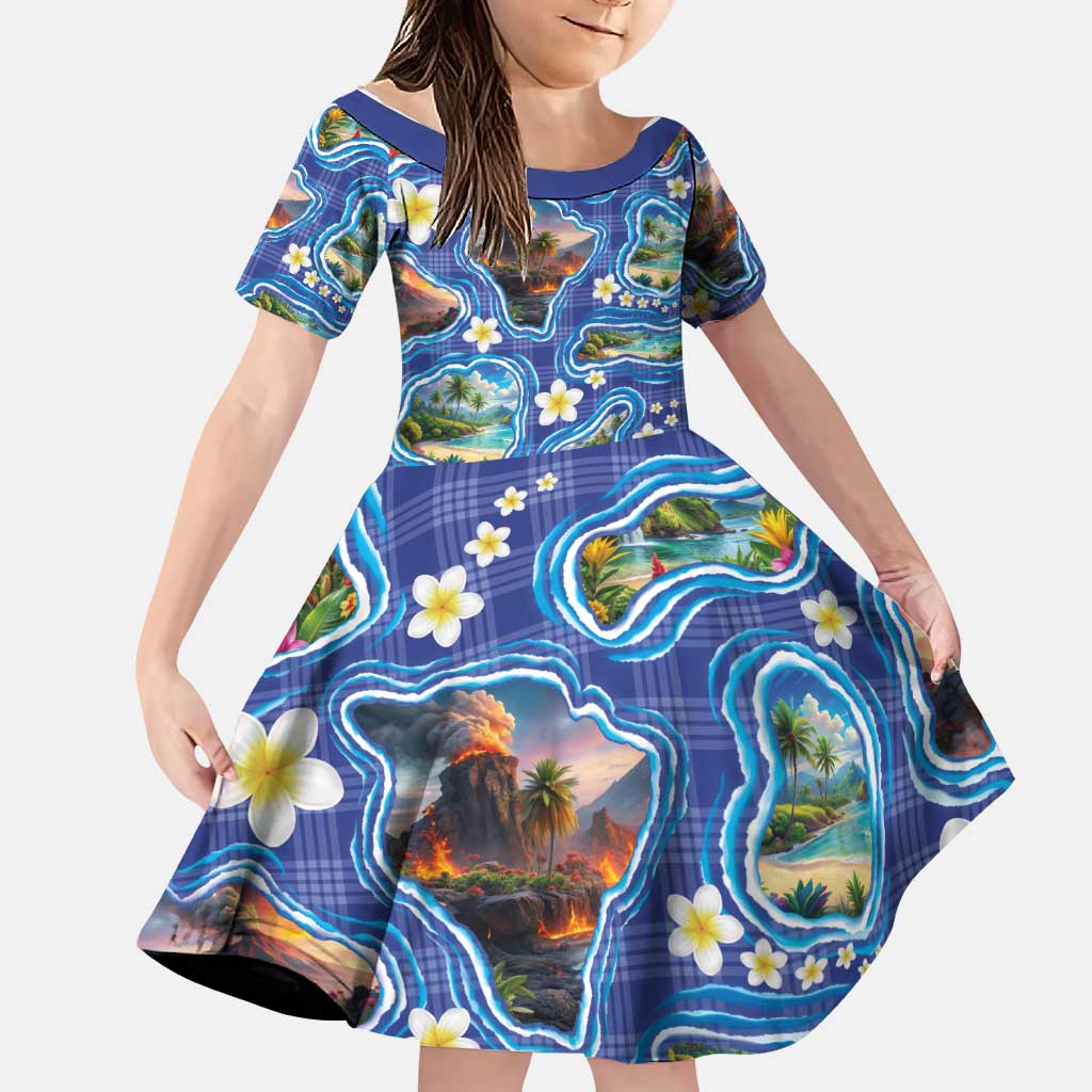 Hawaiian Island Shapes-Iconic Landscape Family Matching Off Shoulder Short Dress and Hawaiian Shirt with Plumeria and Palaka Blue Color