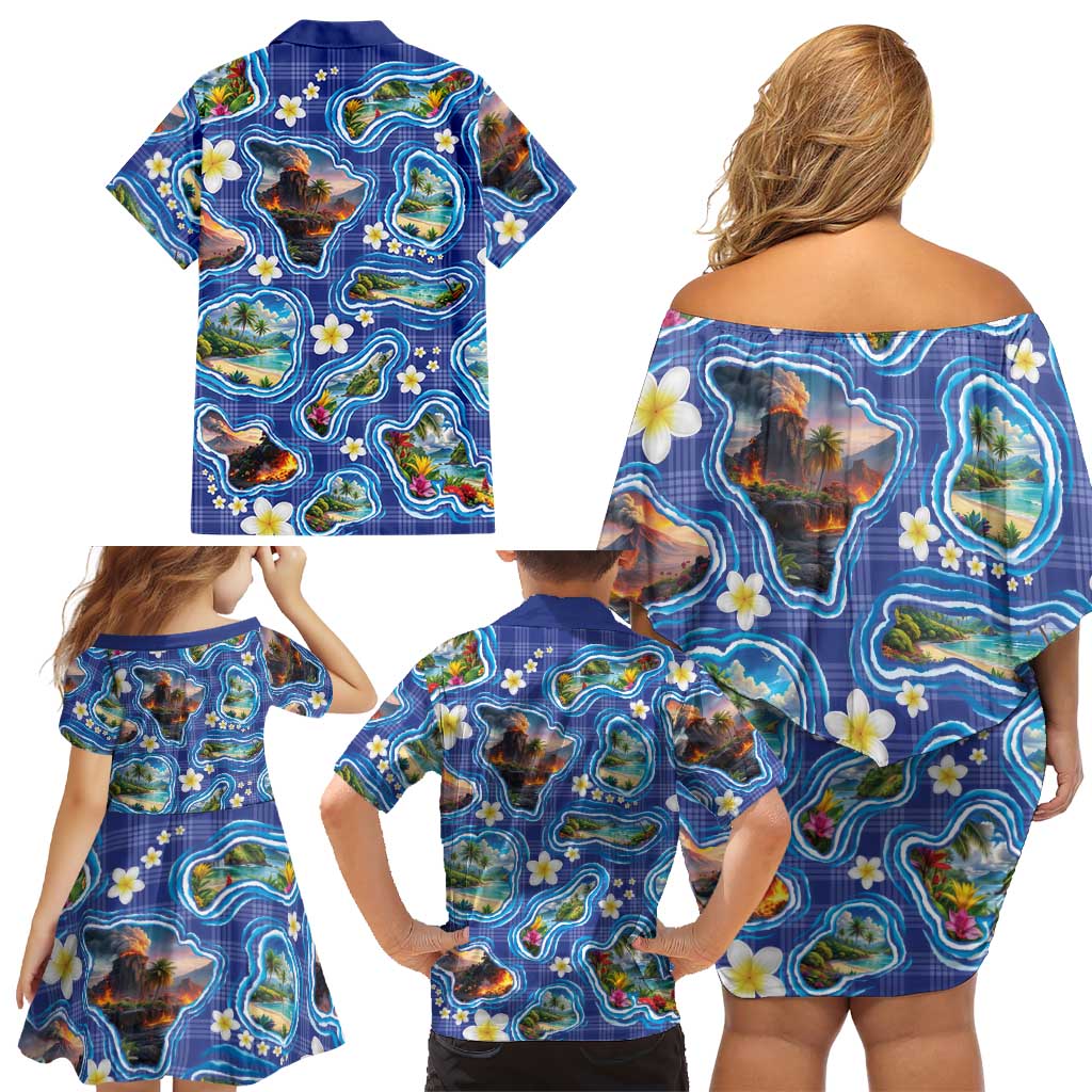Hawaiian Island Shapes-Iconic Landscape Family Matching Off Shoulder Short Dress and Hawaiian Shirt with Plumeria and Palaka Blue Color