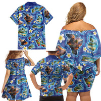 Hawaiian Island Shapes-Iconic Landscape Family Matching Off Shoulder Short Dress and Hawaiian Shirt with Plumeria and Palaka Blue Color
