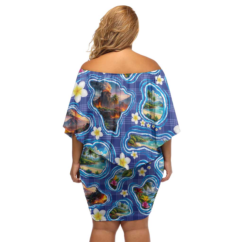 Hawaiian Island Shapes-Iconic Landscape Family Matching Off Shoulder Short Dress and Hawaiian Shirt with Plumeria and Palaka Blue Color