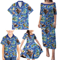 Hawaiian Island Shapes-Iconic Landscape Family Matching Puletasi and Hawaiian Shirt with Plumeria and Palaka Blue Color