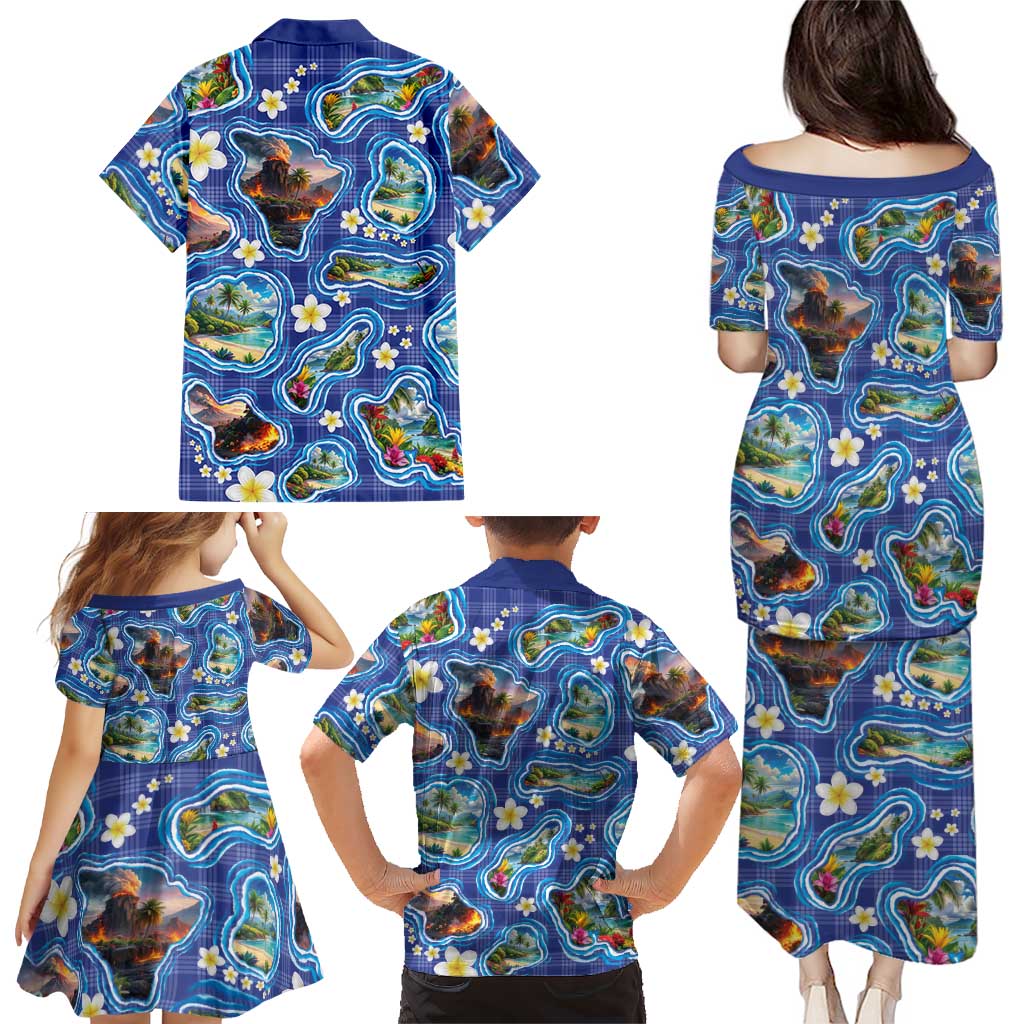 Hawaiian Island Shapes-Iconic Landscape Family Matching Puletasi and Hawaiian Shirt with Plumeria and Palaka Blue Color
