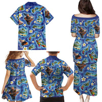Hawaiian Island Shapes-Iconic Landscape Family Matching Puletasi and Hawaiian Shirt with Plumeria and Palaka Blue Color