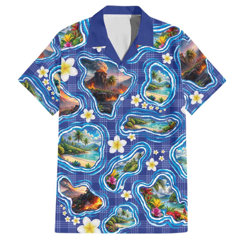 Hawaiian Island Shapes-Iconic Landscape Family Matching Puletasi and Hawaiian Shirt with Plumeria and Palaka Blue Color
