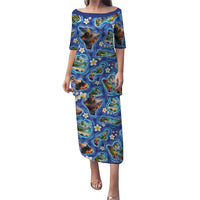 Hawaiian Island Shapes-Iconic Landscape Family Matching Puletasi and Hawaiian Shirt with Plumeria and Palaka Blue Color