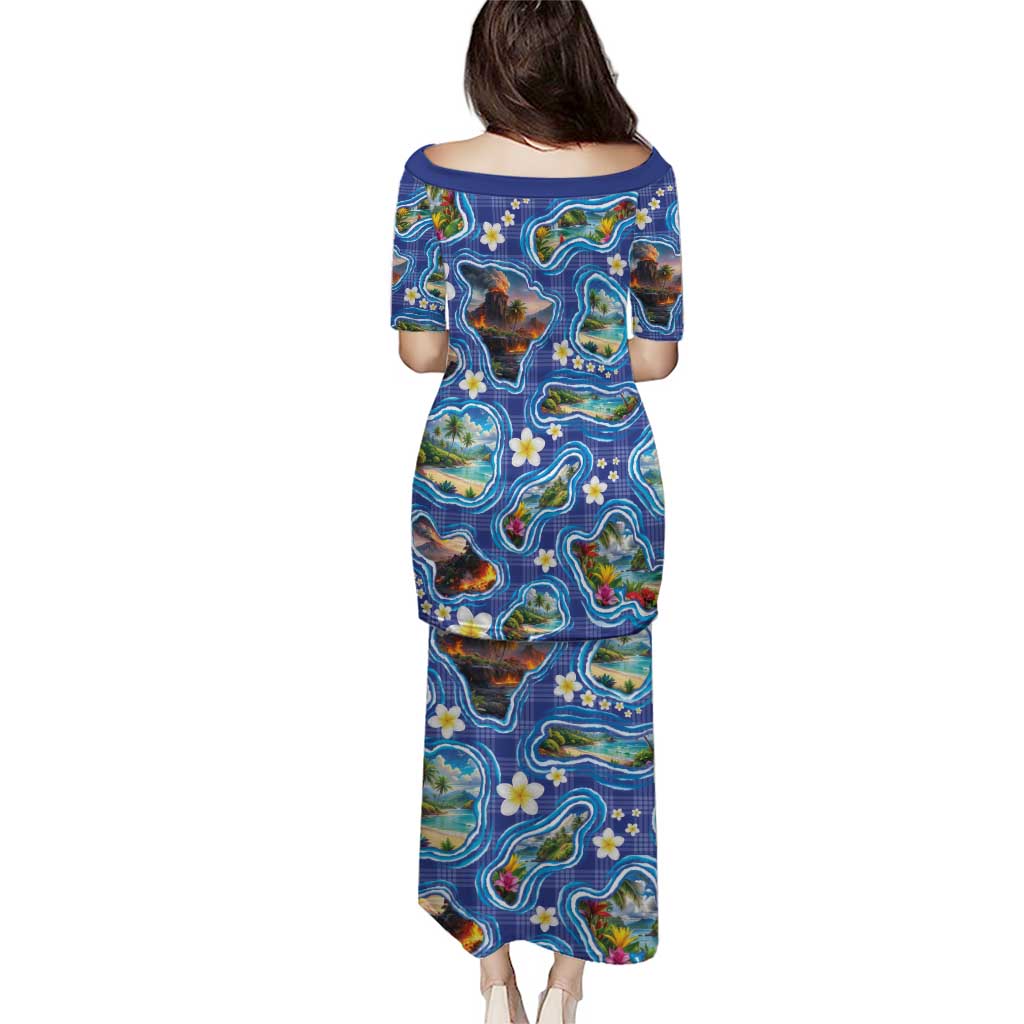 Hawaiian Island Shapes-Iconic Landscape Family Matching Puletasi and Hawaiian Shirt with Plumeria and Palaka Blue Color