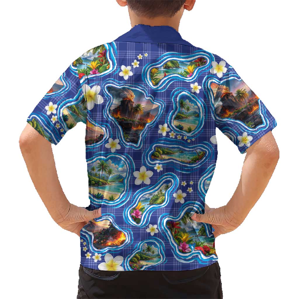 Hawaiian Island Shapes-Iconic Landscape Family Matching Short Sleeve Bodycon Dress and Hawaiian Shirt with Plumeria and Palaka Blue Color