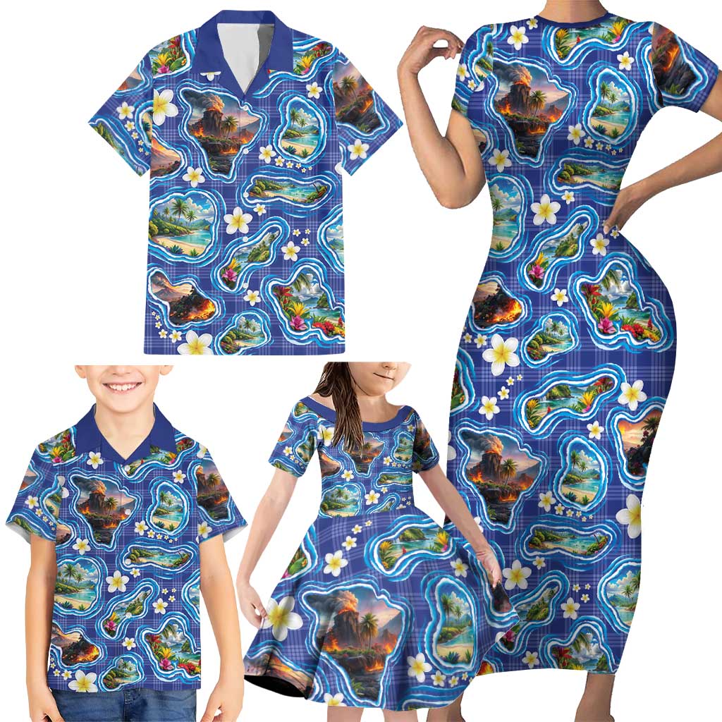 Hawaiian Island Shapes-Iconic Landscape Family Matching Short Sleeve Bodycon Dress and Hawaiian Shirt with Plumeria and Palaka Blue Color
